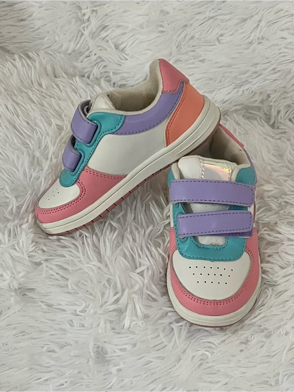 Children's Place white sneakers, pink and purple details, holographic star